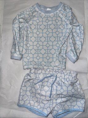 Edgehill Collection White & Baby Blue Geometric Kids Swim Trunks Set